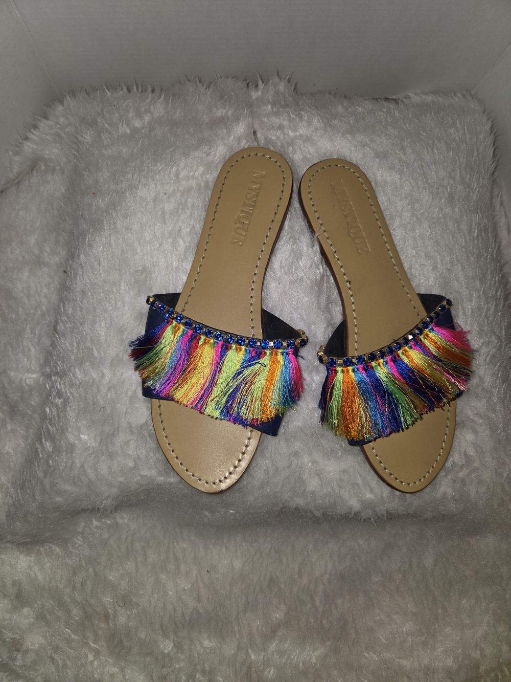 Mystique Boutique Navy Slide Sandals with Rainbow Tassels